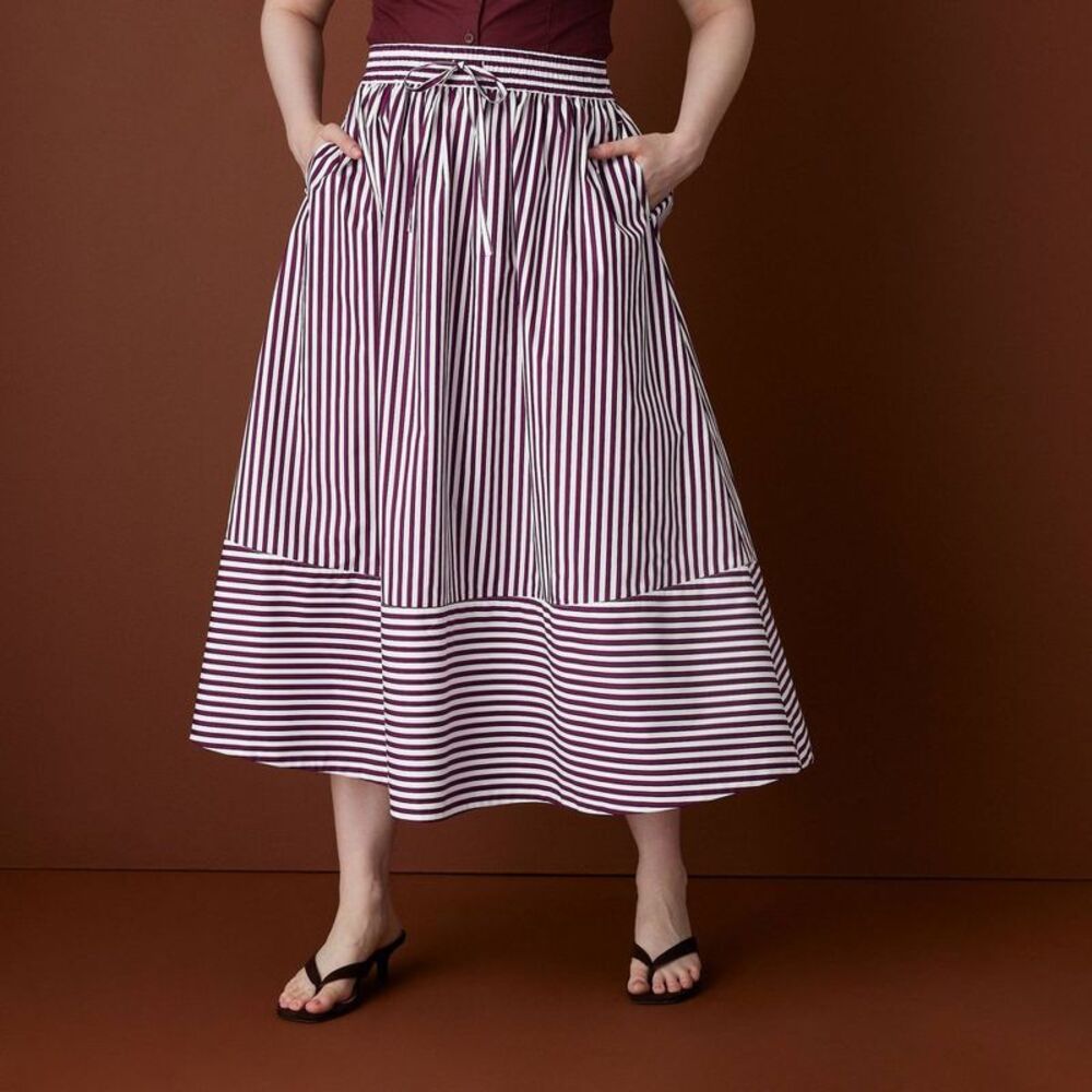 Women's Drawstring Poplin Striped Full Midi Skirt - Rosie Assoulin Burgundy S - Picture 4 of 4